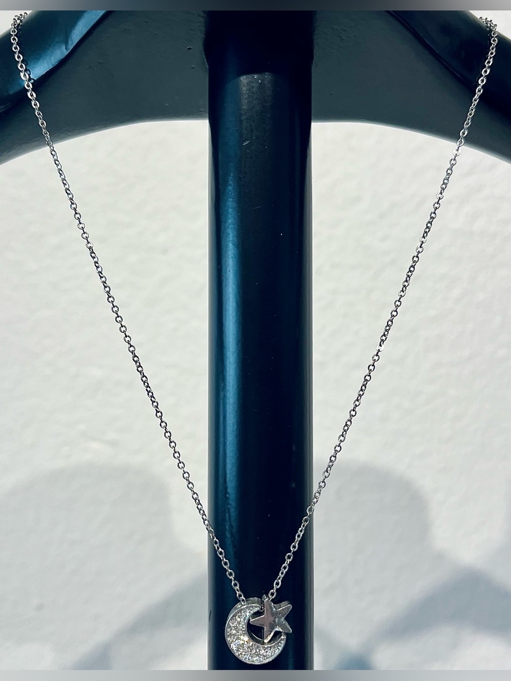 Vintage Y2K Silver Tone Moon and Star Pendant Necklace